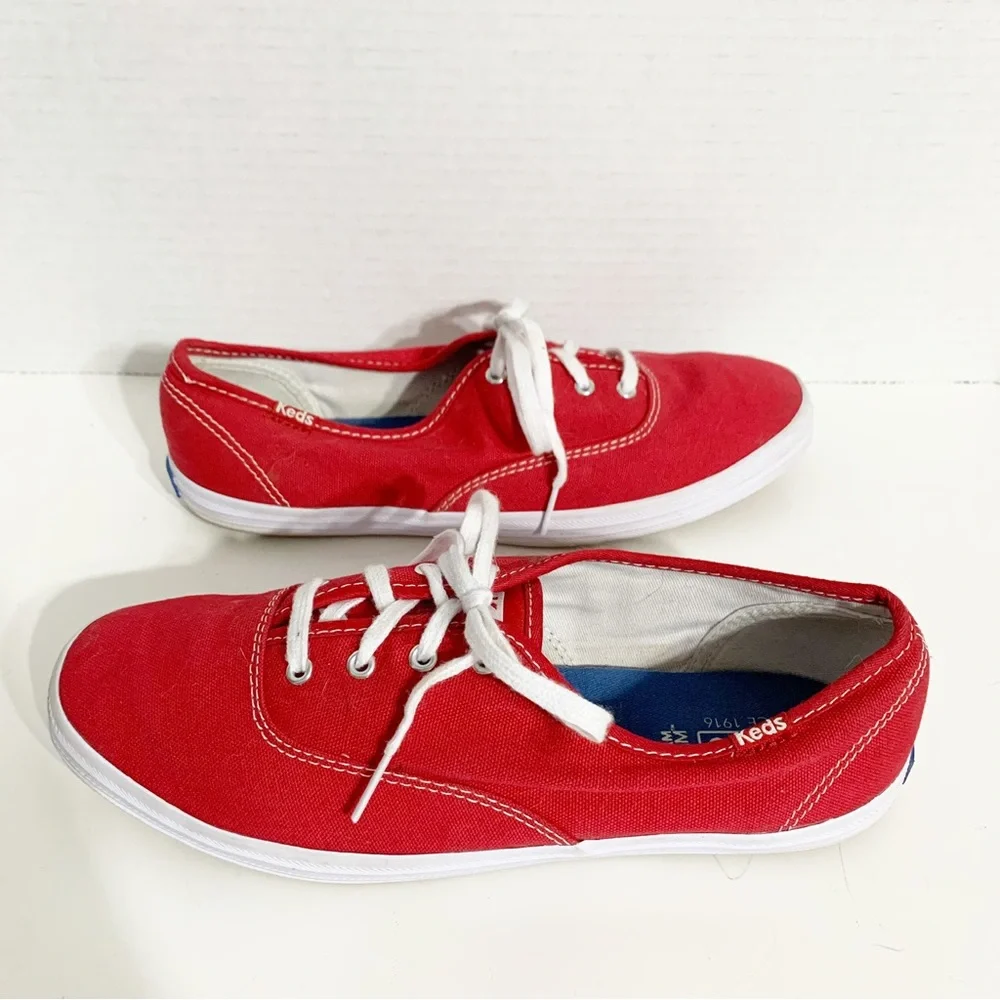 Keds Classic Champion Canvas Lace Up Sneakers White Outsoles and Soles Red 🟥